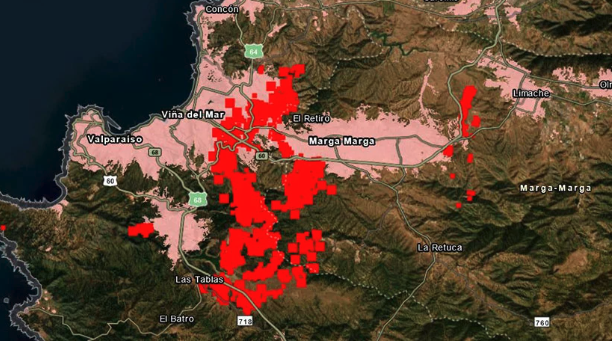 Imagen NASA de las zonas afectadas por el mega incendio de la Región de Valparaíso 2024